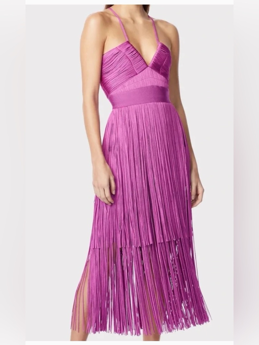 Hervé Léger The Natalia Fringe Dress AZALEA PLUNGING STRAPPY FRINGE MIDI NWT